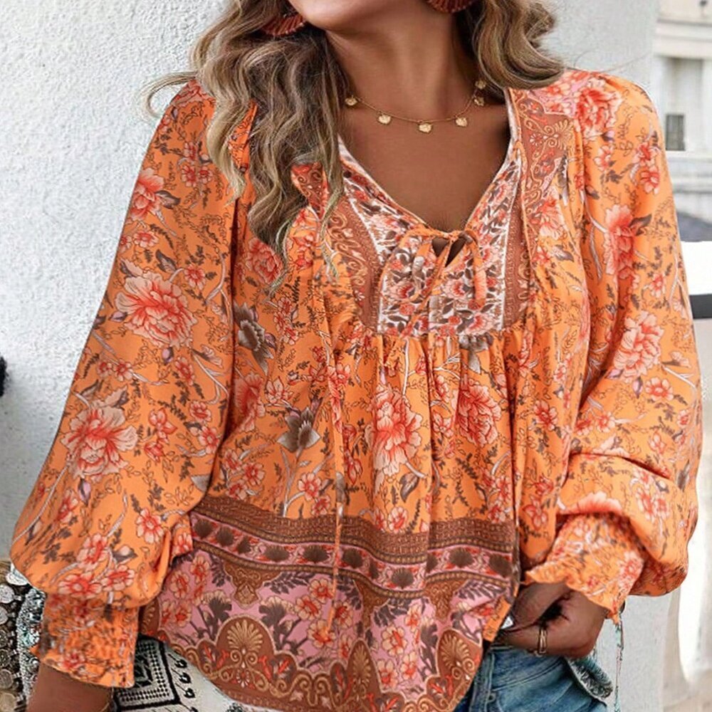 Orange Boho Women's Plus Size Floral Tie Neck Lantern Sleeve Blouse